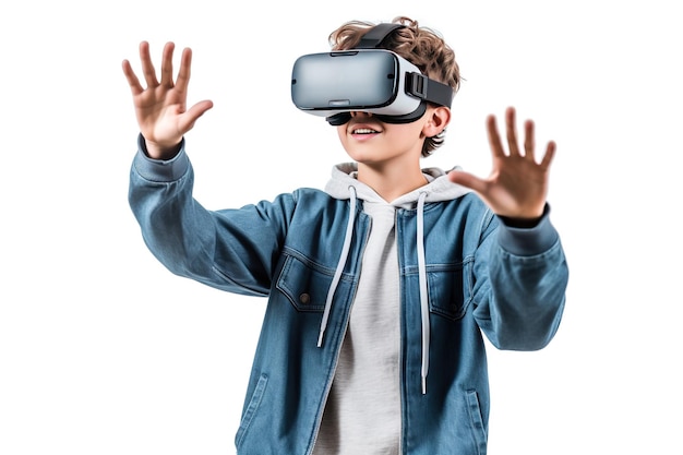 A boy wearing a virtual reality headset with his hands up.