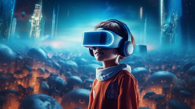 A boy wearing a virtual reality headset with the words