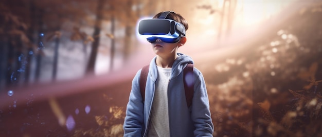 A boy wearing a virtual reality headset
