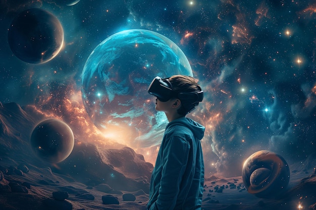 A boy wearing a virtual reality helmet against the backdrop of outer space with planets and stars