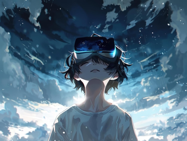 The boy wearing VR glasses is outdoors