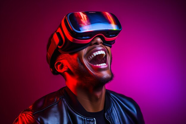 boy wearing vr glasses on neon background