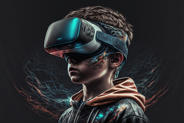 Boy wearing VR headset image created with Generative AI technology