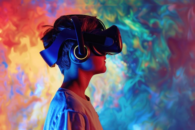 A boy wearing a vr headset is looking at a colorful background the boy wears headphones and he is in