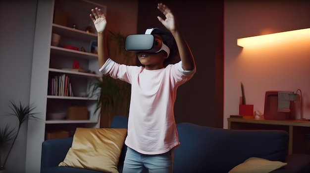 A boy wearing a vr headset stands in a living room.