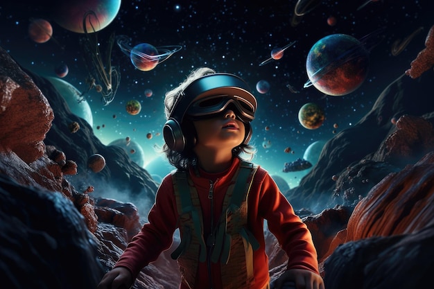 A boy wearing VR headset user surreal world and virtual reality colorful flowers fields Generative AI