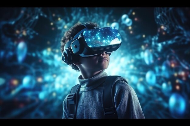 VR 헤드셋 사용자 초현실 세계와 가상 현실 화려한 꽃밭을 착용한 소년 Generative AI