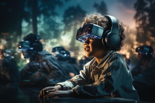 Photo a boy wearing vr headset user surreal world and virtual reality natural ambient forest nature