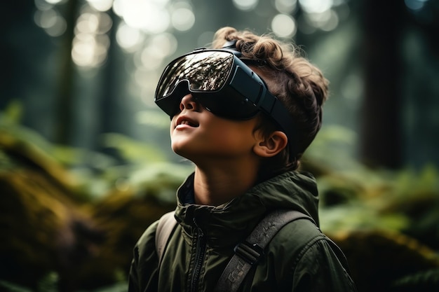 A boy wearing VR headset user surreal world and virtual reality natural ambient forest nature