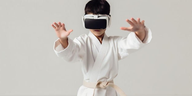 A boy wearing a vr headset with the word vr on it