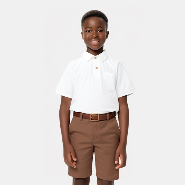 A boy wearing a white polo shirt and brown shorts.