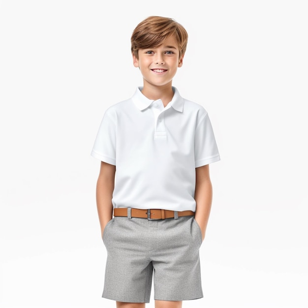 A boy wearing a white polo shirt with tan pants and a tan belt.