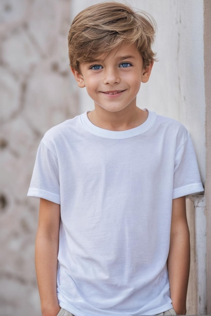 a boy wearing a white tshirt a plain tshirt for children children's mockup white tshirt model