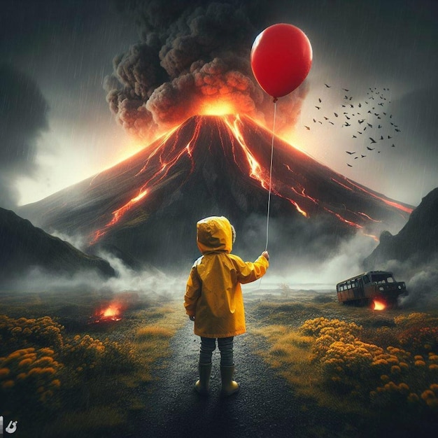 Photo a boy wearing a yellow rain coat holding a red ballon standing in front of a smokey volcano