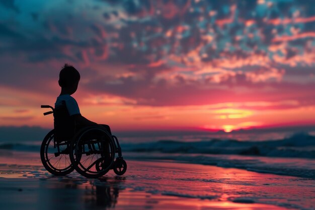 A boy in a wheelchair is sitting on the beach at sunset