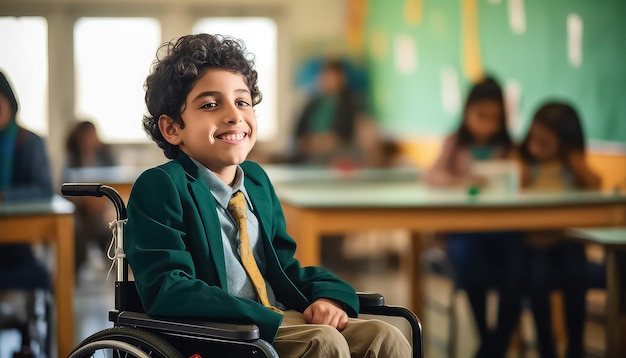 学校で車椅子の学生の少年