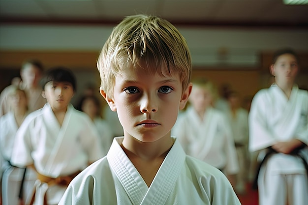 A boy in a white kimono stands in front of other kids.