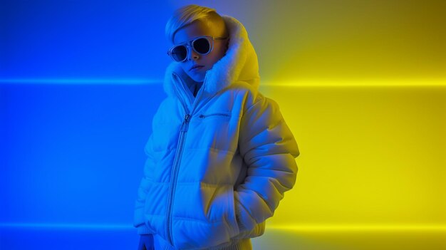 Photo a boy in a white puffer jacket stands in front of a neon wall.