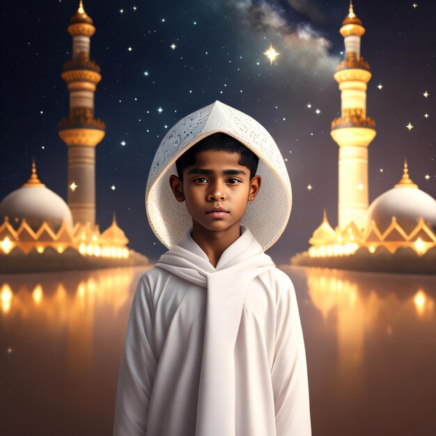 하얀 가운을 입은 소년이 별을 배경으로 모스크 앞에 서 있습니다.