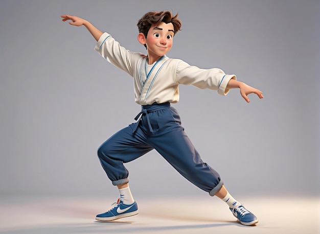 a boy in a white shirt and blue pants is dancing