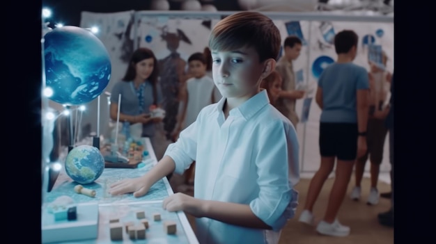 A boy in a white shirt stands in front of a blue object that says'blue planet '