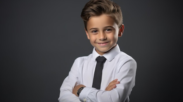 Boy in white shirt and tie on dark gray background