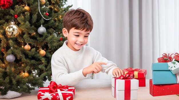 Photo a boy in a white sweater sits at home by the christmas tree and unpacks his gift with a smile