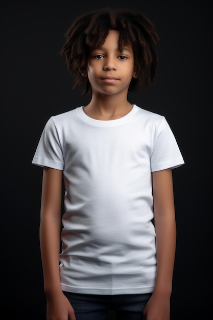 A boy in a white t - shirt stands against a black background