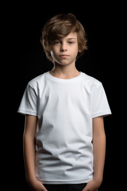 A boy in a white t - shirt stands in front of a black background