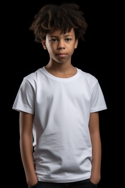 A boy in a white t - shirt stands in front of a black background.