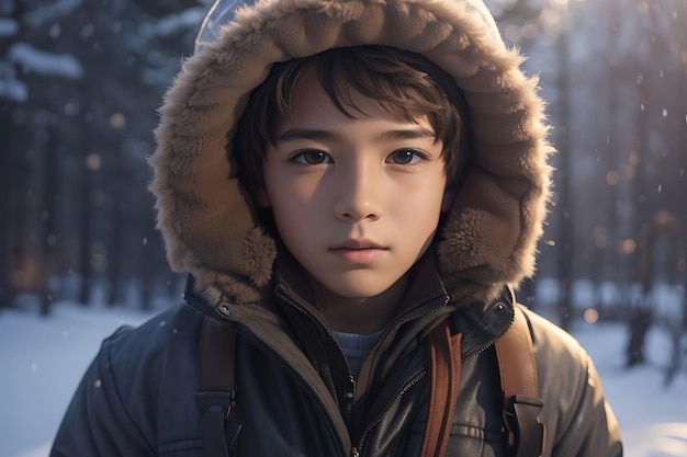 A boy in winter clothes feels cold