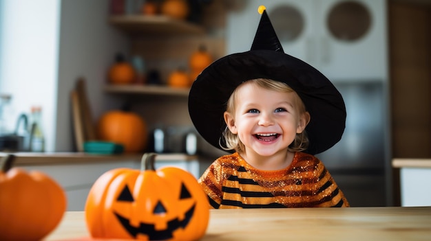 A boy in a witch costume on Halloween