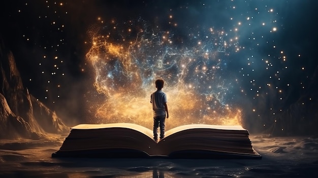 写真 巨大な本を持つ少年は、ファンタジー、ファンタジー、光を想像します。本を読んで知識と知恵を増やします。