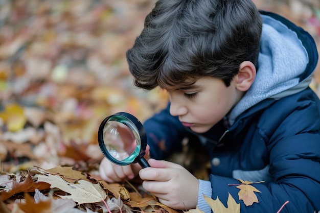 Фото Мальчик с увеличительным стеклом изучает листья