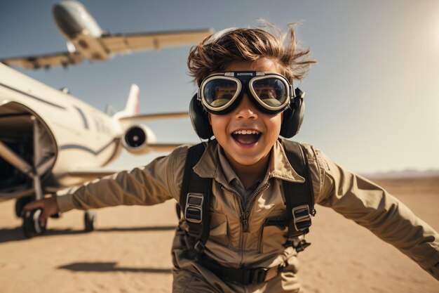 写真 夕暮れの飛行機の少年