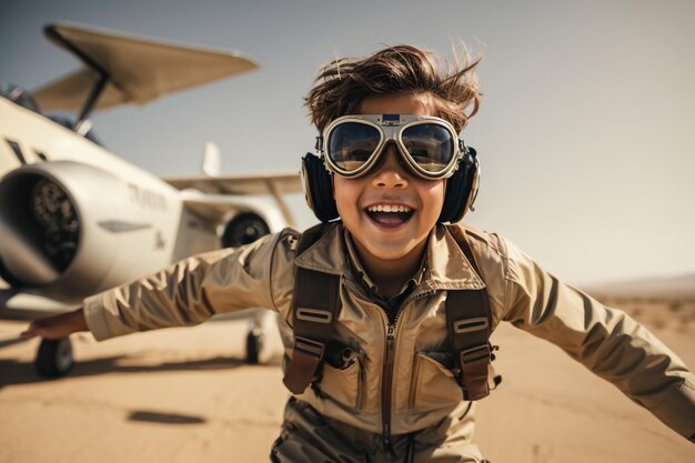 写真 夕暮れの飛行機の少年