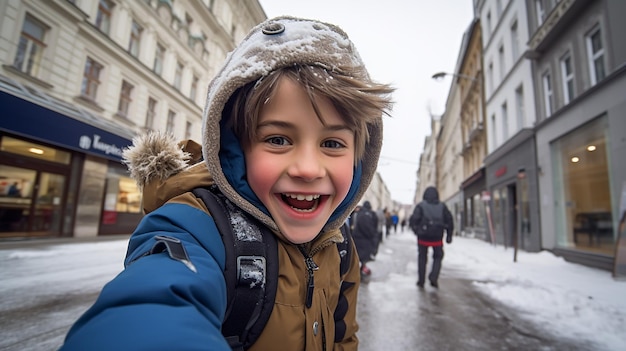 boy with action camera in winter Vienna Austria