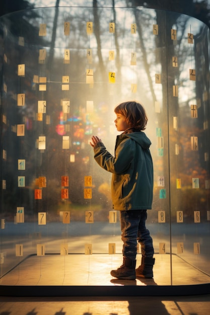 Boy with autism touching the transperant wall with numbers child mental health concept