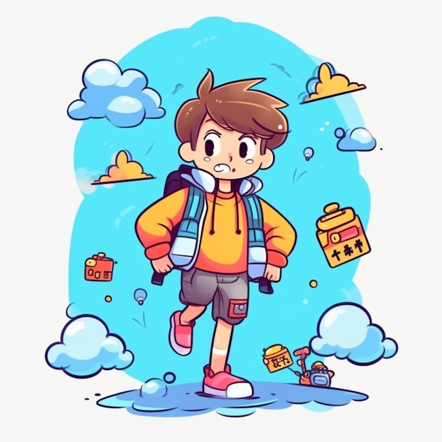 Мальчик с рюкзаком и рюкзагом, стоящий под дождем.