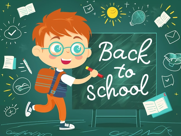 a boy with a backpack and a chalkboard with the words back to school written on it