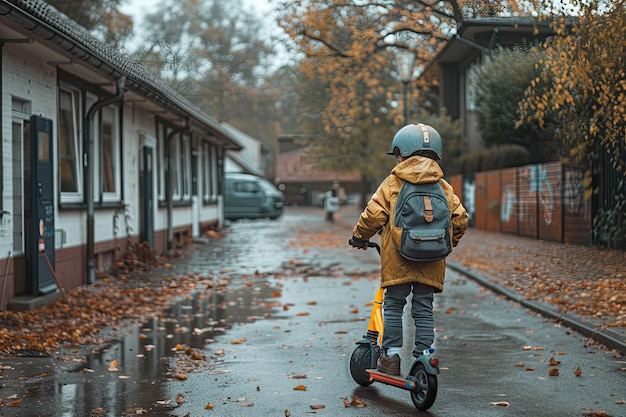 A boy with a backpack in a helmet rides an electric scooter