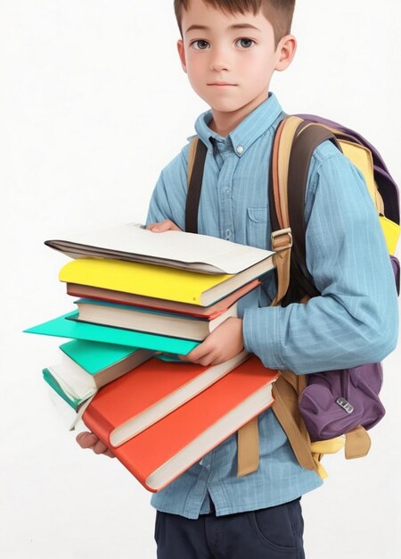 Photo boy with backpack holding stack of books