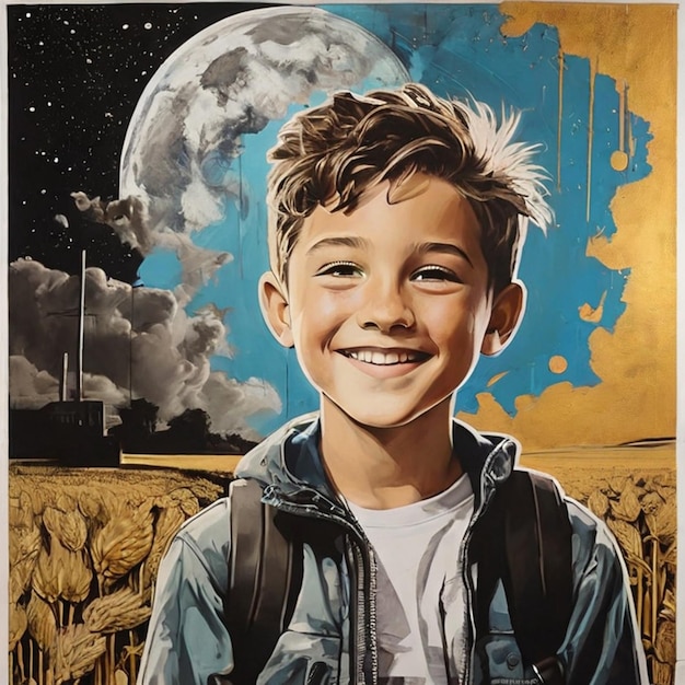 a boy with a backpack and a moon behind him