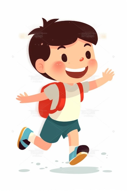 A boy with a backpack running on a white background.