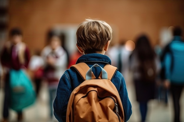 A boy with a backpack seen from behind on his first day of school after the holidays Back to school concept