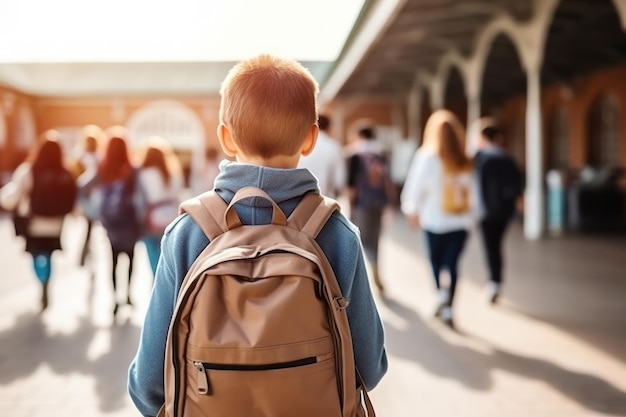 A boy with a backpack seen from behind on his first day of school after vacation Back to school concept