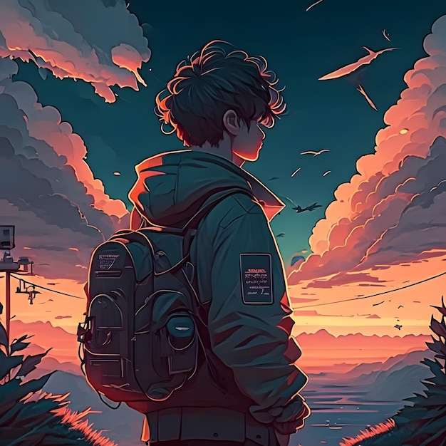 a boy with a backpack standing in front of a sunset