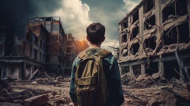 A boy with a backpack stands in a ruined building.