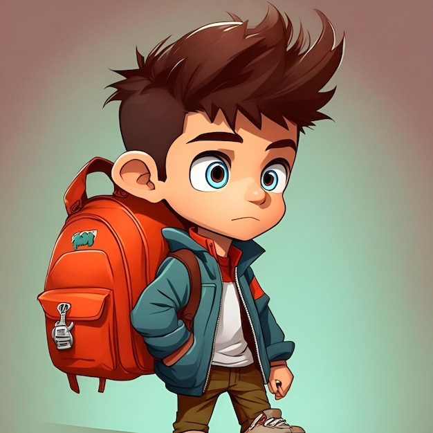 A boy with a backpack that says " he's a character ".