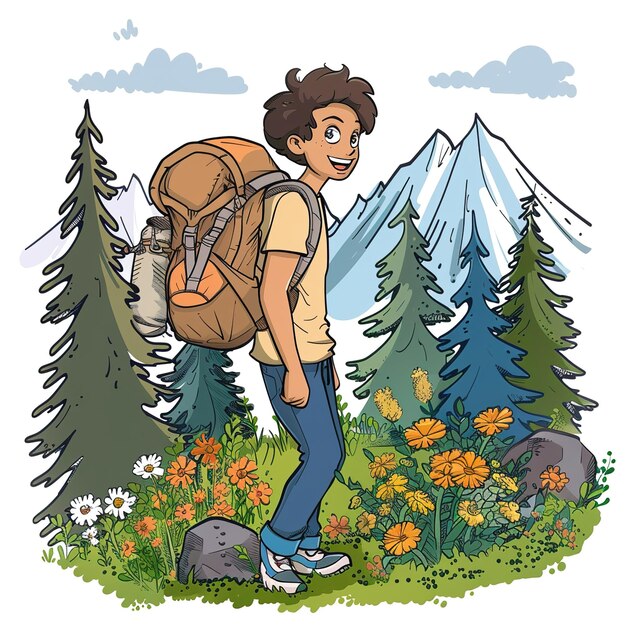 a boy with a backpack that says  hes a mountain